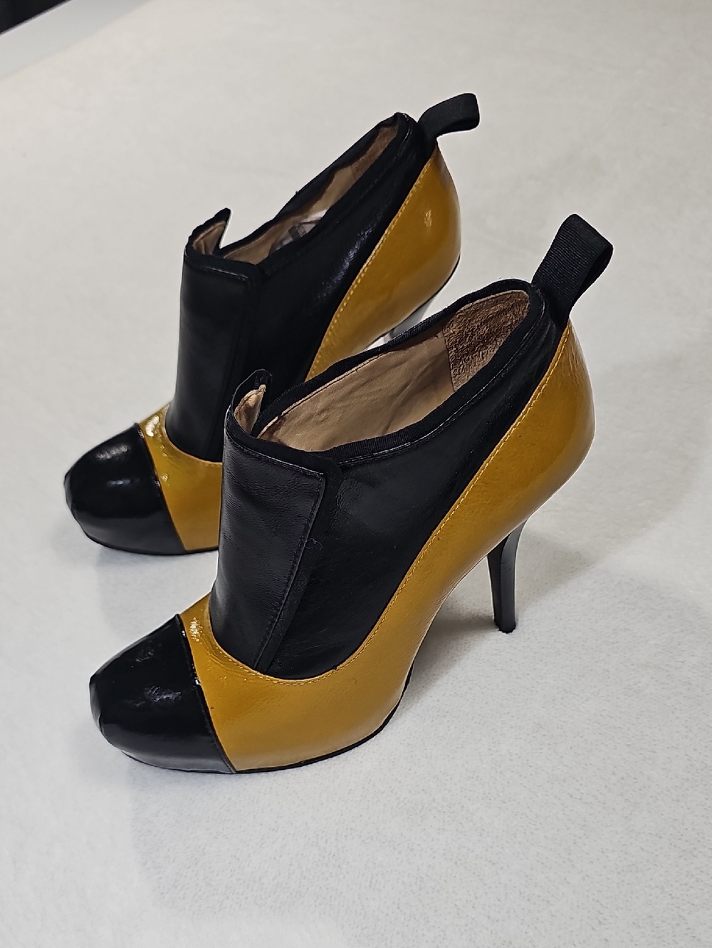 L.A.M.B. Black‎ and Mustard Two-Tone Stiletto Booties